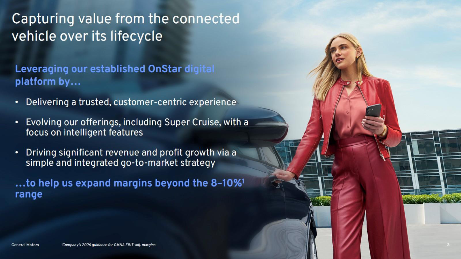 The thesis in one slide: use the existing OnStar platform to push margins past the 8-10% North America range.