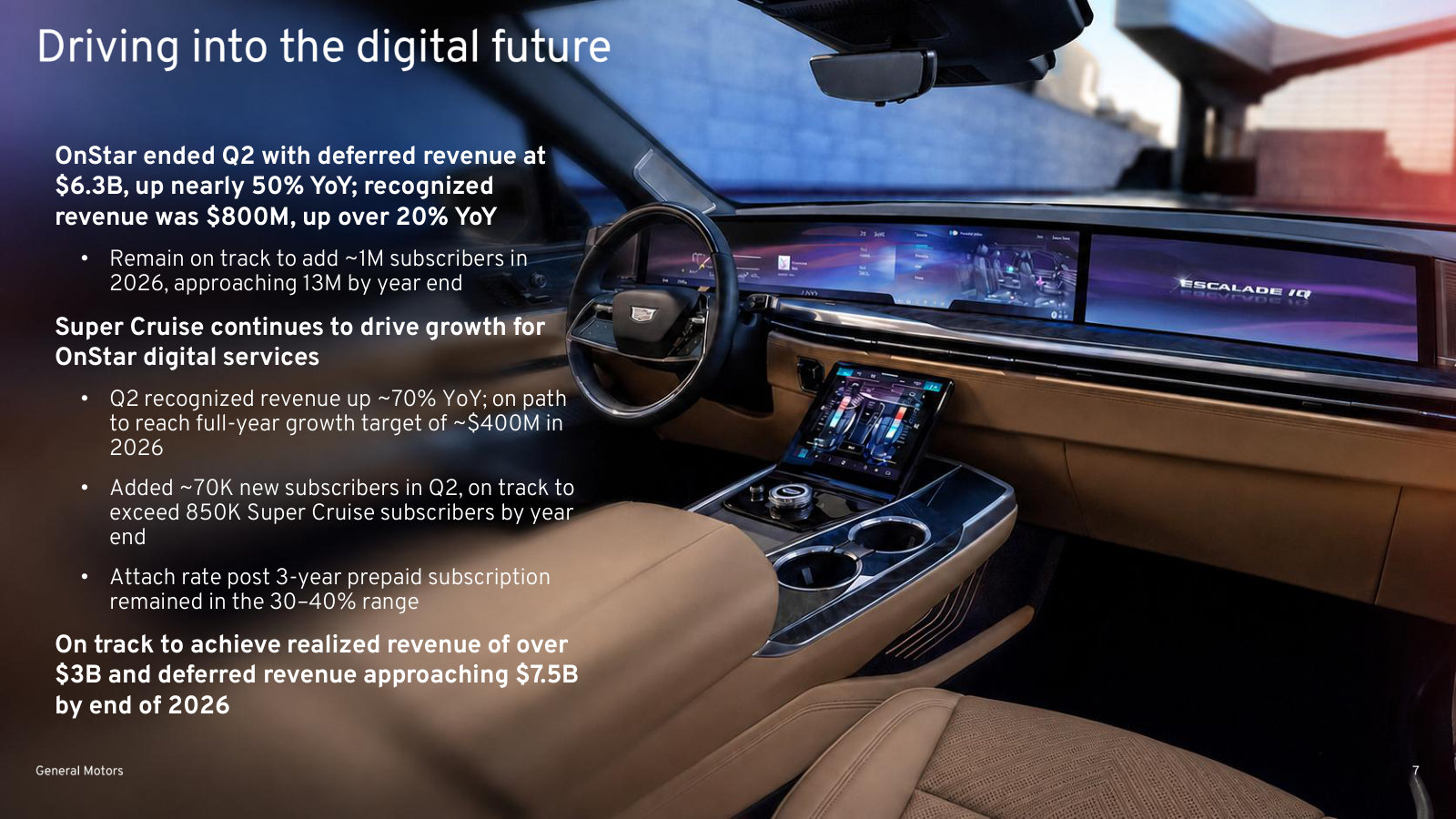 OnStar's quarterly numbers: $6.3B deferred revenue, $800M recognized, and the Super Cruise attach rate.